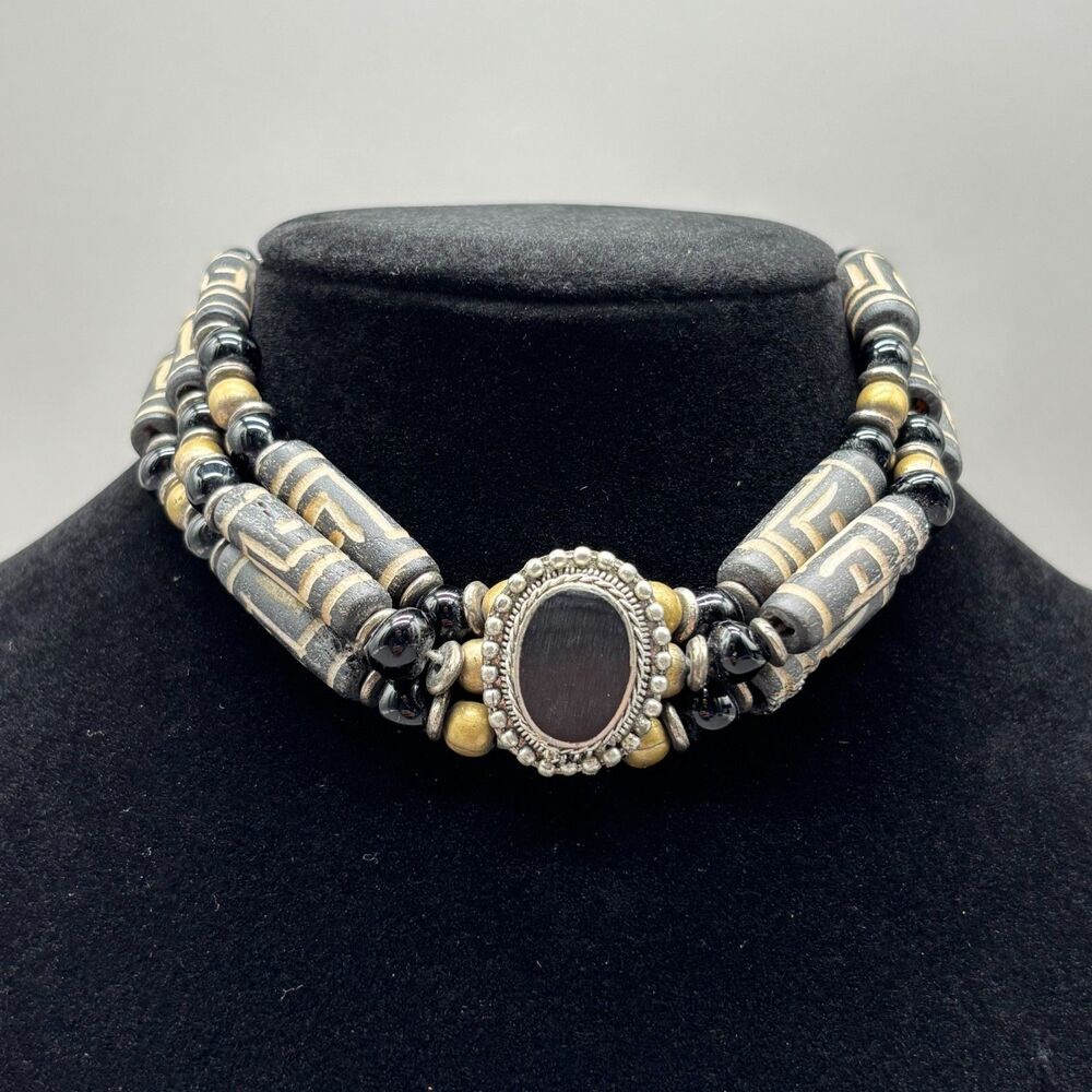 Vintage Tibetan Style Dzi Bead 3 Strand Choker Tribal Necklace Silver Tone